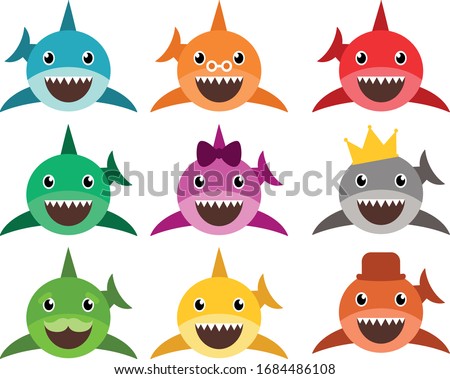 Baby shark birthday card. Baby sharks characters. Baby shark vector Stock  Vector