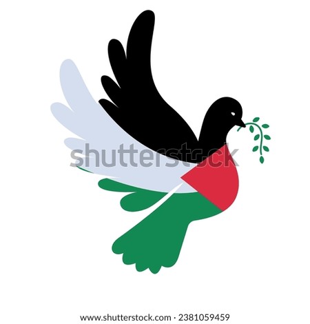 Dove with Palestine flag color. Symbol of peace and World support concept. Flat vector illustration