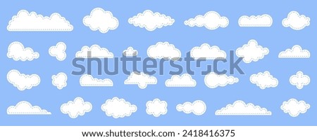 Set of cartoon cloud in a flat design. White cloud and Dotted line version collection. Vector illustration isolated on blue background