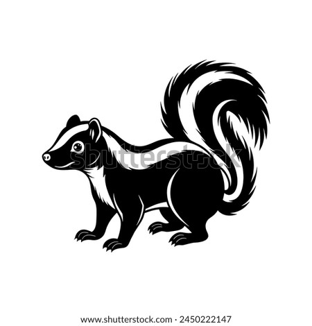 Black and white skunk stands with his bushy tail. Black simple elegant skunk for logo. Animal  Vector illustration isolated on white background