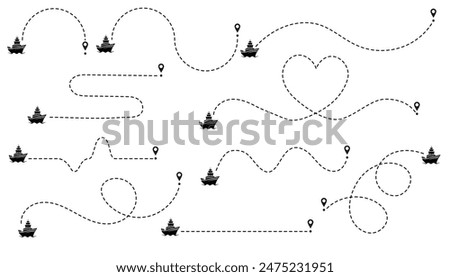 Marine vessels routes dotted lines. Sea ship with track collection. Ship path set. Travel path icon set. Location for travel, dotted road map with destinations. Vector illustration isolated