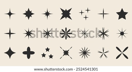 Blinking stars, sparks and sparkles set. Abstract shine effect sign. Shining twinkle sunburst shapes collection. Vector illustration