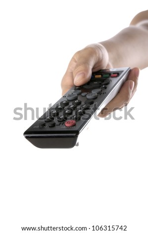 Woman holding remote control television isolated over white background