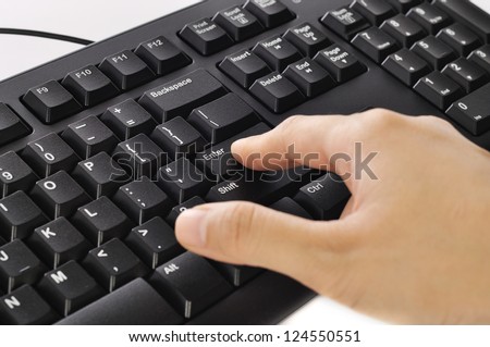 Woman hand typing on black computer keyboard isolated over white background
