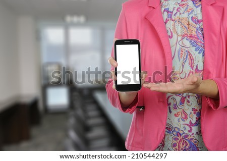 Woman hold cellphone in the office. You can put your design on the phone