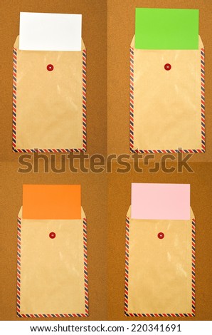 Set of brown envelope with paper over wooden background