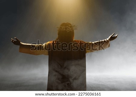 Rear view of Jesus Christ with a crown of thorns raised hands and praying to god with a sunset sky background Foto stock © 