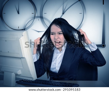 Asian business get angry because overtime work. Business overtime conceptual