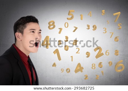 Business man speaking about number from his mouth. Business finance concept