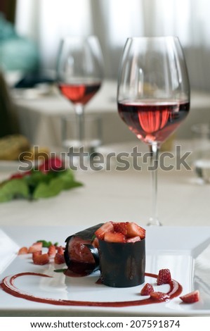 Sweet cake strawberries and chocolate with wine
