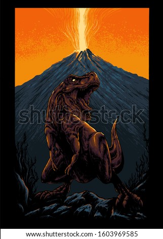 Tyrannosaurus rex volcano vector illustration