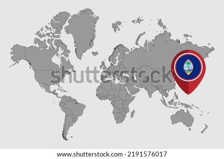 Pin map with Guam flag on world map. Vector illustration.