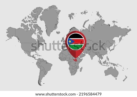 Pin map with South Sudan flag on world map. Vector illustration.