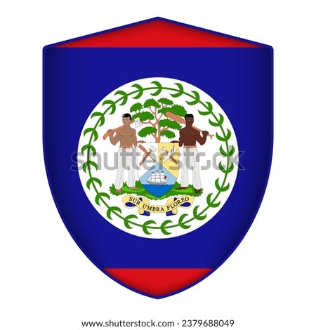 Belize flag in shield shape. Vector illustration.