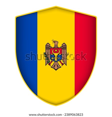 Moldova flag in shield shape. Vector illustration.