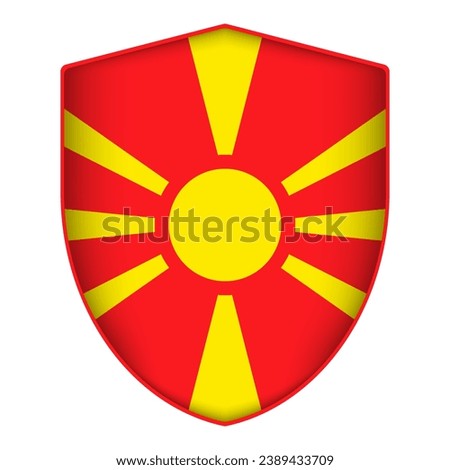 North Macedonia flag in shield shape. Vector illustration.