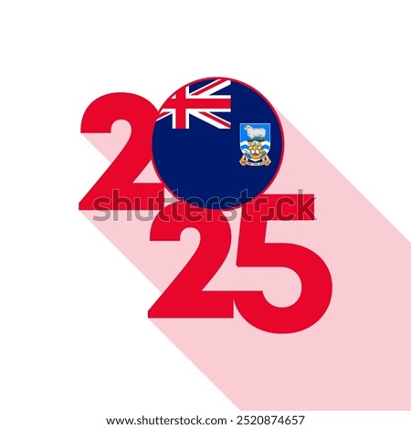 2025 banner with Falkland Islands flag inside. Vector illustration.