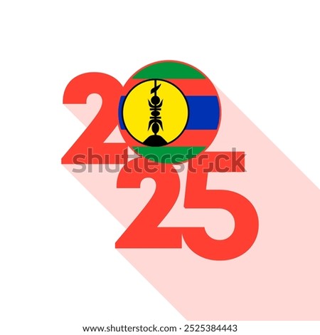 2025 banner with New Caledonia flag inside. Vector illustration.