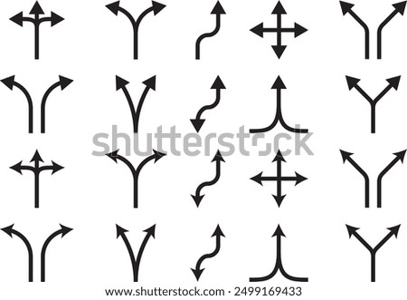 Simple set of rows Vector glyph and line icons, including diagonal, double right, up, left, down, drag, merge, left curve, turn left