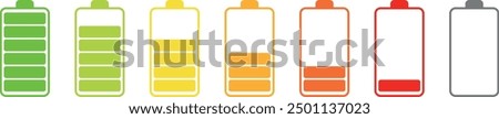 Flat battery recharge icons in various colours. Battery charging, Recharge indicator. Vector icon of a fully charged battery.