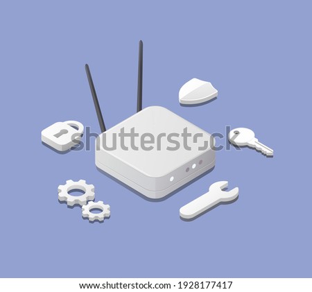 Isometric Router Device. Wireless internet concept. Setting and protection. Vector illustration.