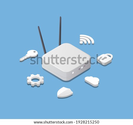 Isometric Router Device. Wireless home internet. Setting and protection. Vector illustration.