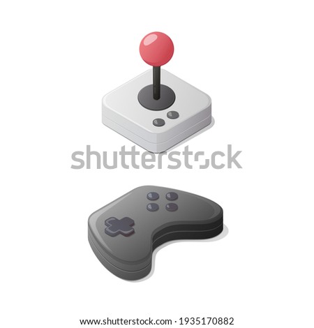 Video games concept. Gamepad and joystick controller. Isometric vector illustration. Isolated on white background.