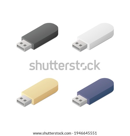 Isometric flash memory set. Colored vector illustration. Electronic data storage device. Isolated on white background.