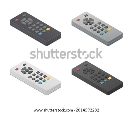 TV remote control set. Isometric colored vector Illustration. Isolated on white background. 