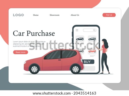 Buying renting a car online. Car dealership landing page. Colored flat vector illustration. Isolated on white background.