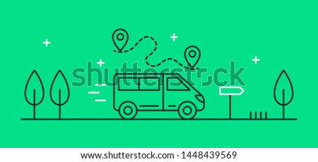 Vector illustration on the theme of logistics and travel with a minibus. Line art icon.