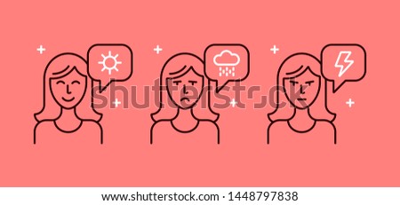 Set of line art icons with emotionally speaking woman. Linear style Illustrations of happiness, sadness and anger.