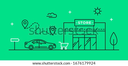Vector illustration with a car in the parking lot near the store. Linear icon of the route to the local supermarket. Parking pictogram. Internet banner concept. Shop along the road. 