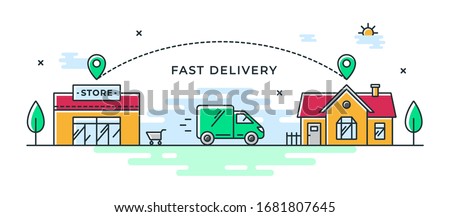Fast delivery from store to home. Vector color illustration with shop, delivery van and house. Delivery route linear icon. Web banner or flyer concept. Pictogram of cargo van.