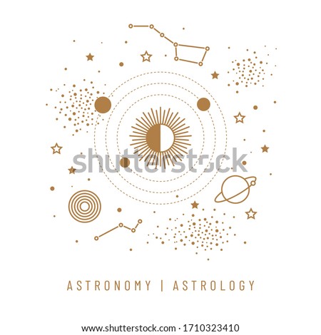 Magic vector symbols of astronomy, astrology, galaxy for branding. Golden space objects around the sun, planets and stars on a white background. Stylish concept for invitation, poster, cover or card.