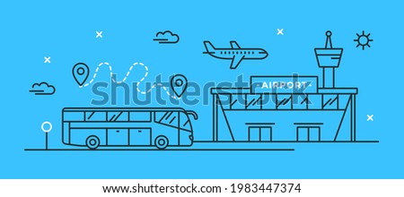 Vector illustration with an airplane in the sky, an airport building and a bus stop. Transfer concept. The route of the trip. Stylish linear icon of bus, airport terminal. Travel and transport theme.