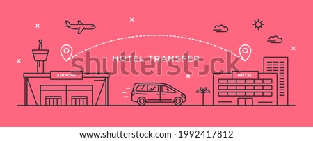 Vector linear illustration with airport building, hotel and minivan. Transfer from the airport to the hotel. Concept for travel and transport business, taxi service. Outline icons. Internet banner.
