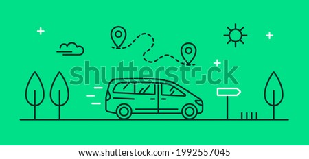 Vector linear illustrations with a family car driving on the road. Location and route of the vacation trip. Minimalistic outline minivan icon. Concept for the transport, logistics and travel industry.