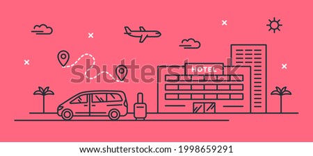 Vector illustration with a car and luggage near the hotel building. Minivan linear icon. Concept for taxi service, transfer, transport and tourism business. Internet banner. Travel and vacation themes