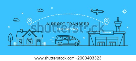 Vector linear illustration with a car driving from home to the airport building. Concept for transfer and taxi service. Minivan, house and airport terminal outline icons. Stylish flyer or web banner.