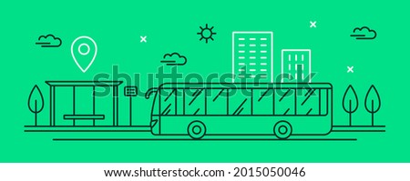 Vector illustration of public transport. City bus near the bus stop. Linear vehicle icon. Stylish web banner. Concept for the transport business.