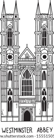 Westminster Abbey. Vector illustration of famous London landmarks. Hand drawn engraving style, line art, isolated on white background. British architecture.