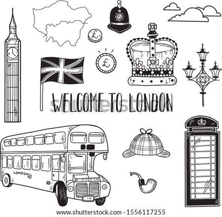 Vector set of London symbols. Hand drawn illustration isolated in white background. Sherlock Holmes hat, Queen crown, British pound coin, police hat, Big Ben, street lamp, phone booth, UK flag.