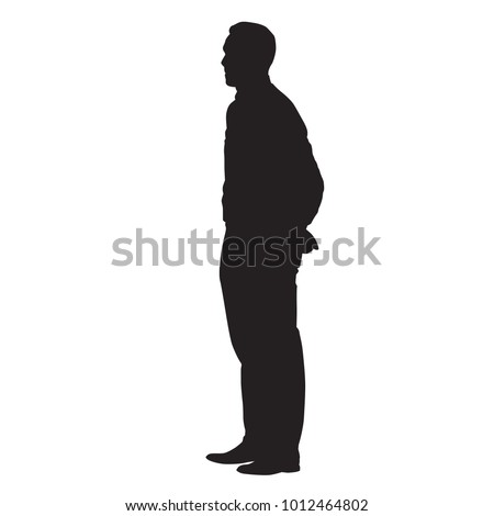 Adult man standing with his hands behind his back. Side view, vector isolated silhouette