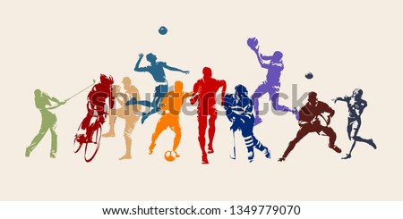 Sports, set of athletes of various sports disciplines. Isolated vector silhouettes. Run, soccer, hockey, volleyball, basketball, rugby, baseball, american football, cycling, golf Stockfoto © 