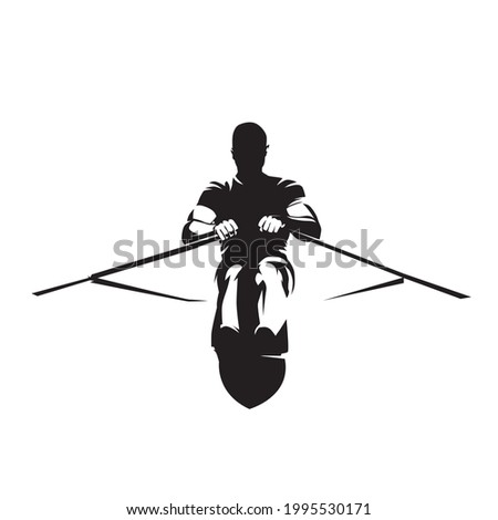 Rowing, athlete rows, front view isolated vector silhouette. Water sport logo