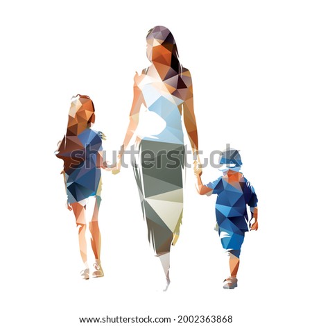Mom walking with the kids and holding hands. Mother with daughter and son. Isolated vector silhouette, low polygonal drawing from triangles, front view