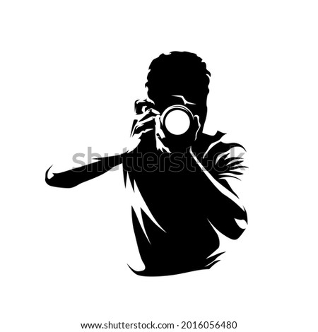 Photographer takes pictures, vector logo. Front View. Man with digital camera