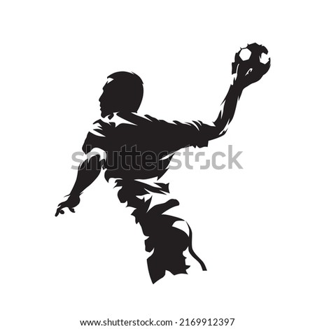Handball player throwing ball, abstract isolated vector silhouette. Handball logo