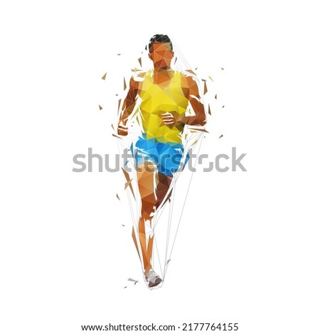 Run logo, running man, front view low polygonal isolated vector illustration. Geometric marathon logo from triangles